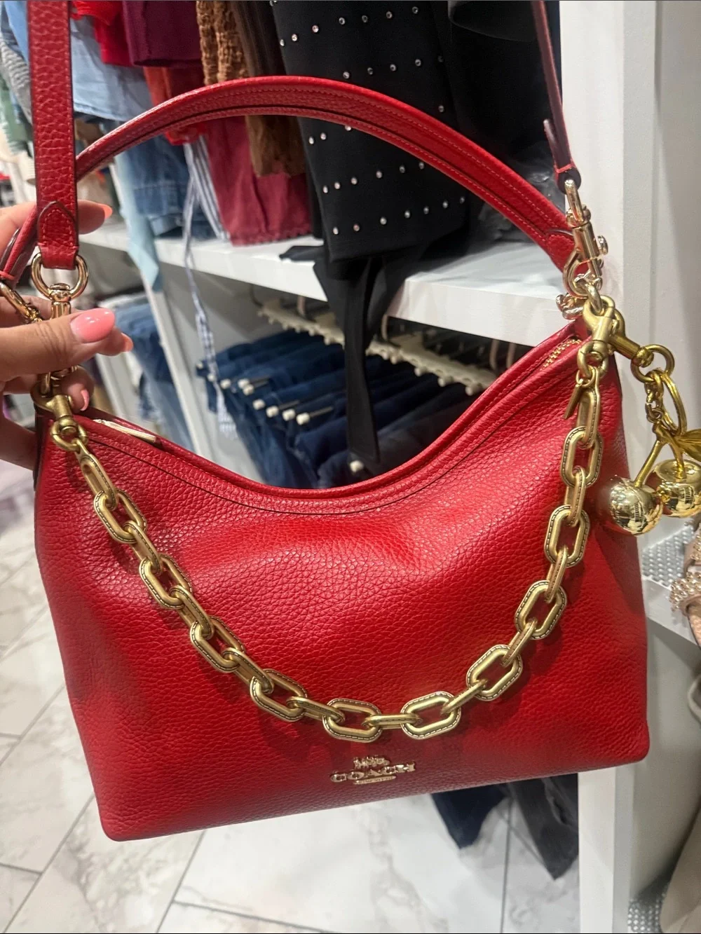 Coach Red Pebbled Leather Shoulder Bag and will include link chain & charm
